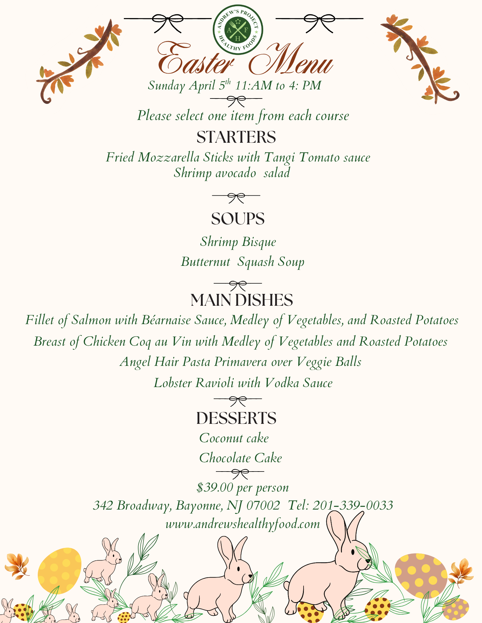 Easter Menu at Andrew's Healthy Food