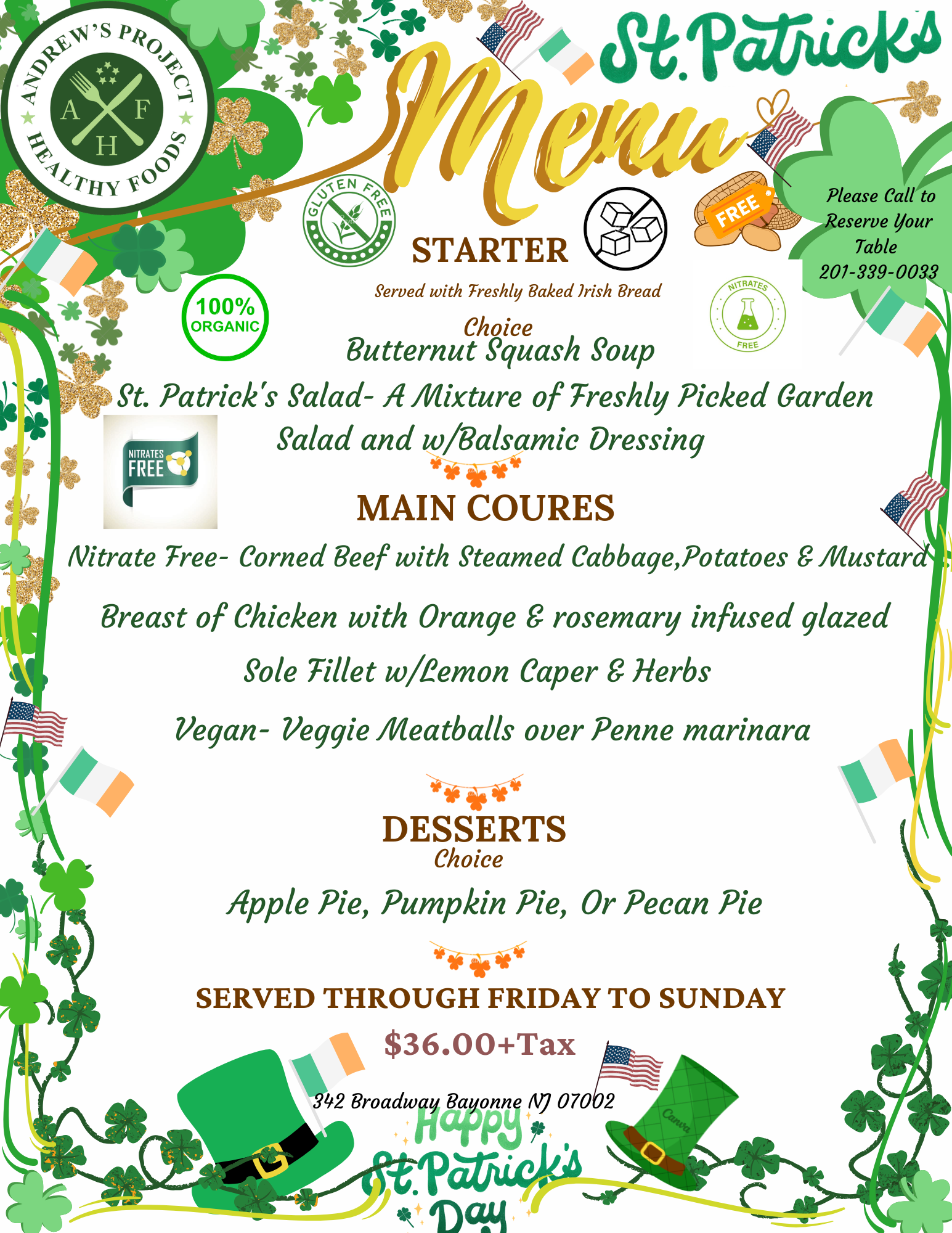 St. Patrick's Day Menu at Andrew's Healthy Food
